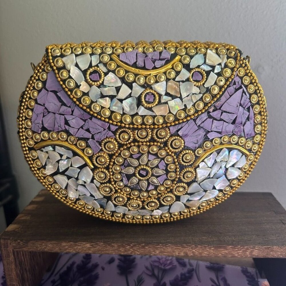 Ramla Beverly Hills Handmade Clutch Crossbody Bag Purple Gold Mosaic Shell RARE